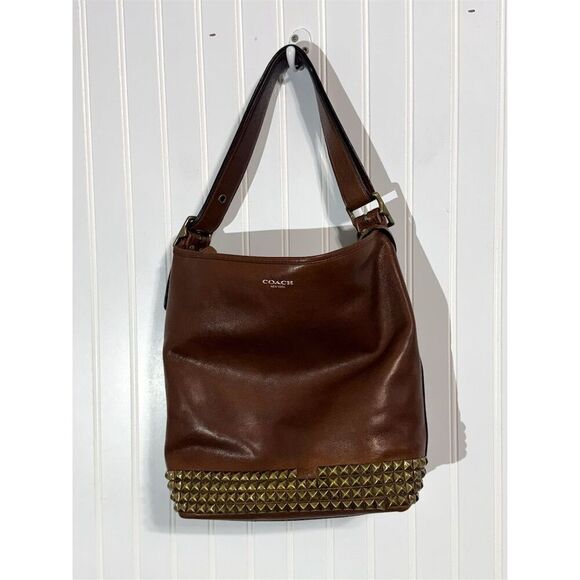 Coach Kristin Studded Leather Hobo Bag  Brown Brass Studs Shoulder Purse VTG - Picture 1 of 11